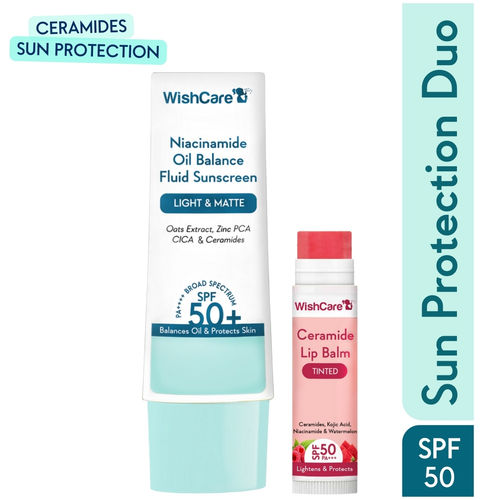 WishCare Niacinamide Oil Balance Fluid Sunscreen SPF50 PA++++ – In-Vivo Tested, Lightweight & Matte for Oily Skin + Tinted Ceramide LipBalm SPF 50 PA+++ with Kojic Acid for Brightening & Pigmentation|Combo of 2