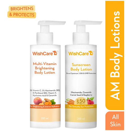 WishCare Sun Protection & Brightening Body Lotion Duo|SPF 50 PA+++ Broad Spectrum UVA & UVB Protection to Prevent Tanning &Vitamin C, Niacinamide & B5 for Pigmentation|Long-Lasting Moisturization|Combo of 2