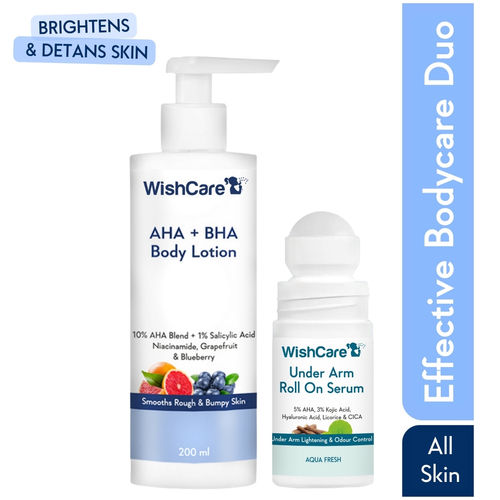 WishCare De Tan Body Lotion & Brightening Underarm Roll On Combo | 10% AHA + 1% Salicylic Acid Body Lotion with Niacinamide & Aqua Fresh Underarm Roll On with 5% AHA + 3% Kojic Acid for Pigmentation|Combo of 2