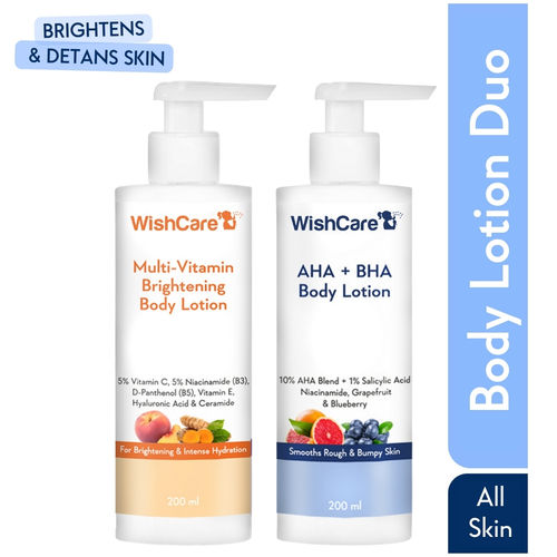 WishCare De Tan & Brightening Body Lotion Duo | 10% AHA + 1% Salicylic Acid for Strawberry Legs & Multi-Vitamin Body Lotion with 5% Vitamin C, 5% Niacinamide & B5 for Pigmentation - Combo of 2