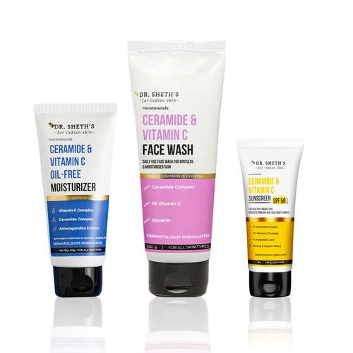 Dr. Sheth's Vitamin C Care Combo of 3 (Ceramide & Vitamin C Oil-Free Moisturizer – 50 gm + Ceramide & Vitamin C Face Wash – 100 gm + Ceramide & Vitamin C Sunscreen SPF 50+ PA++++ – 30 gm)