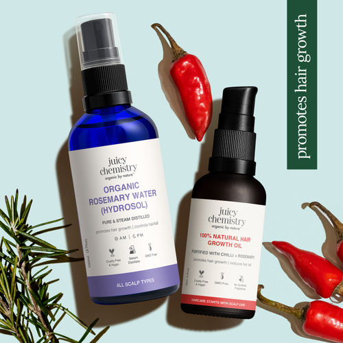 Juicy Chemistry Hair Regrowth Combo - Chilli, Rosemary & Kalonji Hair Growth Oil (30 ml) + Rosemary Water Hair Spray (100 ml) | Anti Hair Fall Treatment | Strengthens Hair | 100% Natural | Pack of 2