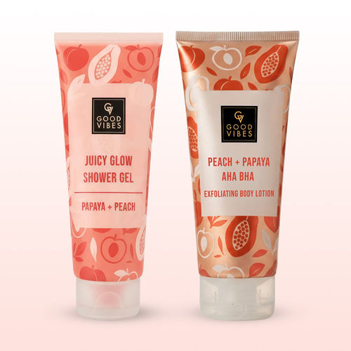 Good Vibes Papaya & Peach Body Care Duo (Papaya & Peach Juicy Glow Shower Gel-200 ml + Papaya + Peaches+ AHA BHA Exfolating Body lotion-200 ml) Combo of 2