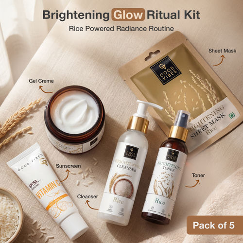 Good Vibes Brightening Glow Ritual Kit | Rice Face Cleanser 120 ml + Rice Toner 120 ml + Rice Gel Creme 50 gm + Rice Sheet Mask 20 ml + Vitamin C SPF 50 PA++++ Sunscreen 50 gm | Combo of 5