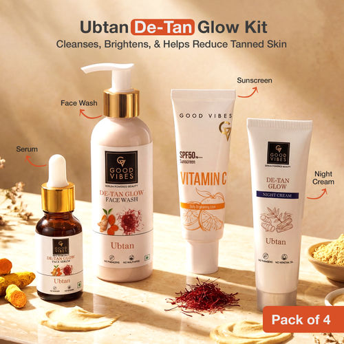 Good Vibes Ubtan De-Tan Glow Kit | Face Wash 120 ml + Face Serum 15 ml + Night Cream 30 gm + Vitamin C SPF 50 PA++++ Sunscreen 50 gm | Combo of 4