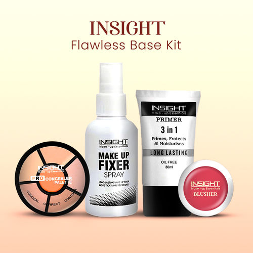 Insight Flawless Base Kit - Insight Cosmetics Pro Concealer Palette Pack of 1 | Insight Cosmetics Blusher - Raspberry Gelato (3.5 gm) | Insight 3 In 1 Long Lasting Primer (30 ml) | INSIGHT Makeup Fixer Spray 75 ml Combo of 4