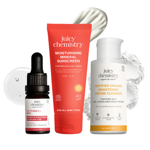 Juicy Chemistry Skin Brightening & Glow Ritual: Enzyme Face Cleanser (50 gm) + Organic Mineral Sunscreen (50 gm) + 10% Vitamin C + EGCG (10 ml) | Clean, Exfoliate & Protect from Sun damage | Combo of 3