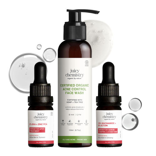 Juicy Chemistry Clear Skin Routine: Hemp & Tea Tree Clarifying Facewash (110 ml) + 10% Niacinamide (10 ml) + 2% BHA & Zinc PCA (10 ml) | Reduces Acne Scars | Cleanses, Treats & Improves Skin | Combo of 3