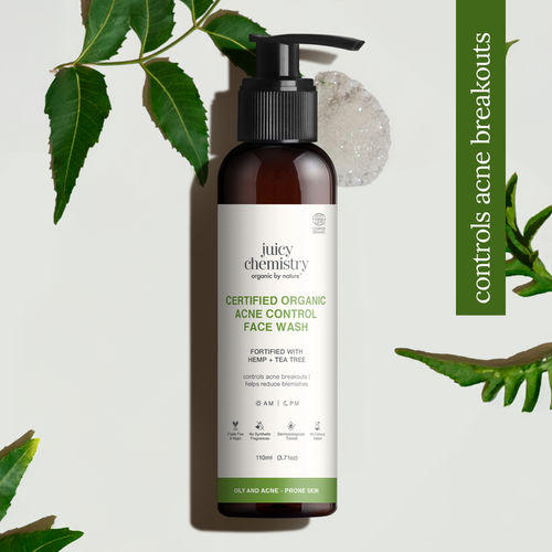 Juicy Chemistry Certified Organic Acne Control Face Wash with Hemp & Tea Tree, 110 ml | Reduces Blackheads | Evens Skin Tone & Restores Glow | Deeply Cleanses & Removes Impurites | Dermatologically Tested