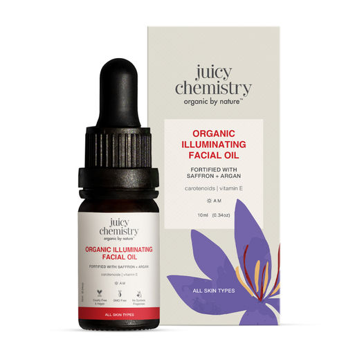 Juicy Chemistry Organic Illuminating Facial Oil with Saffron + Argan, 10 ml | Boosts Skin Glow | Promotes Healthier Barrier | Brightens & Evens Out Skin Tone | Non-sticky & Lightweight | Dermatologically Tested