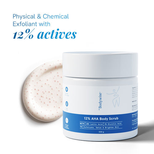 Be Bodywise 12% AHA Body Scrub | Exfoliating Scrub with Glycolic Acid & Lactic Acid | Smoothens Strawberry Skin & Rough Bumps | Oat & Aloe Extract for Hydration | Vitamin E for Skin Protection | 300 gm