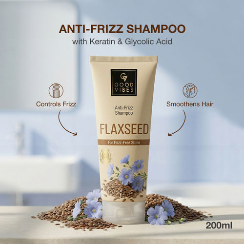 Good Vibes Flaxseed, Keratin & Glycolic Acid Anti-Frizz Shampoo | Controls Frizz & Flyaways | Smooth, Soft & Manageable Hair | Gentle Cleansing Shampoo for Frizz-Free Shine | 200 ml