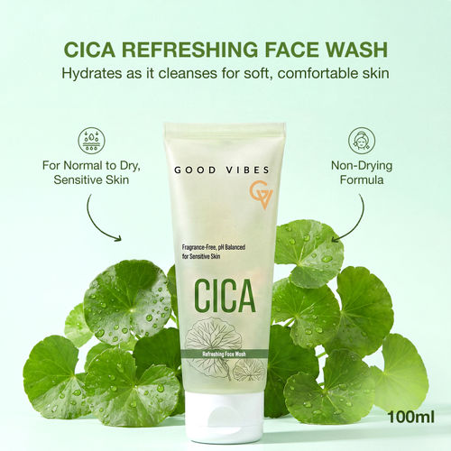 Good Vibes Cica Refreshing Face Wash | Infused with Cica & Pro-Vitamin B5 | pH-Balanced, Non-Drying Gel Formula | Helps Maintain Moisture Barrier | Fragrance -Free | Ideal for Normal to Dry & Sensitive Skin | 100 ml