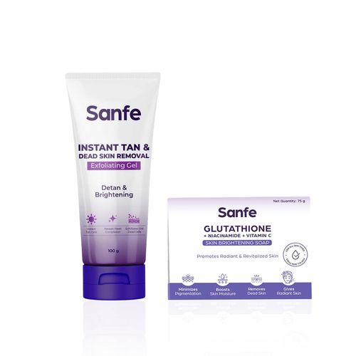 Sanfe Brightening & Tan Removal Duo (Glutathione, Niacinamide & Vitamin C Brightening Soap 75 gm + Instant Tan & Dead Skin Removal Exfoliating Gel 100 gm) - Combo of 2