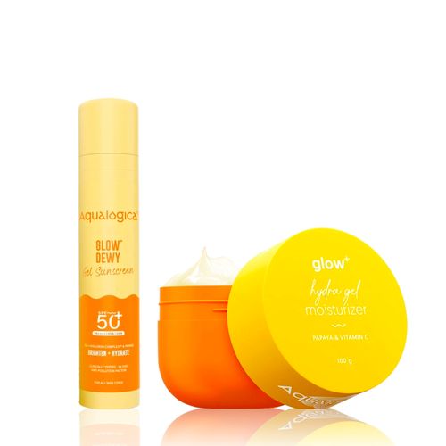 Aqualogica Glow+ Hydra Gel Moisturizer (100 gm) + Glow+ Dewy Sunscreen SPF50+ (50 gm) Skincare kit Combo of 2