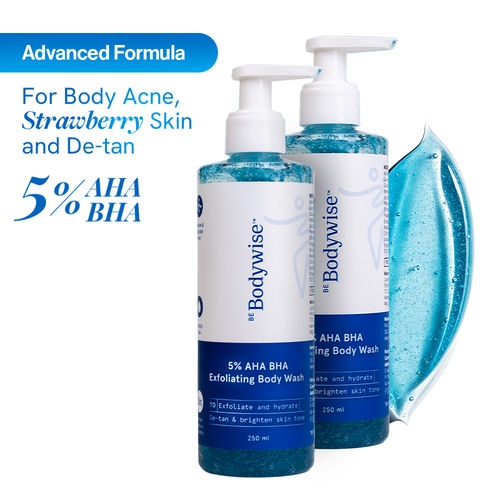 Be Bodywise 5% AHA BHA Exfoliating Bodywash 250 ml (Pack of 2) | For Body Acne, Strawberry Skin, De-Tan