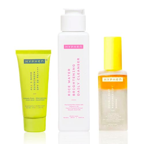Hyphen Radiance Serum + Brightening Sunscreen + Rice Water Cleanser,Skincare Kit, Combo of 3