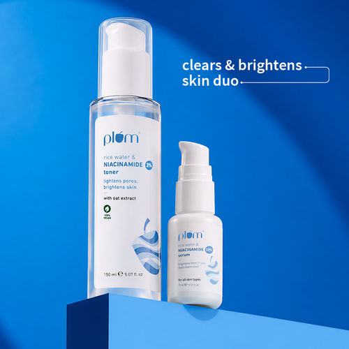 Plum Niacinamide Brightening Duo | 3% Niacinamide Toner + Niacinamide Serum | With Rice Water | Reduces Pores & Blemishes | Brightens Skin | Combo of 2