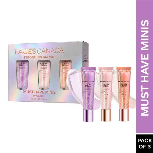 FACES CANADA Strobe Cream - Must Have Minis (10 ml x 3) | Rose Gold + Pink + Peach | Primer + Highlighter + Moisturizer | Shea Butter & Hyaluronic Acid | Intense Hydration | Flawless Radiant Dewy Skin | Illuminating & Glowing Makeup Base | Pack of 3