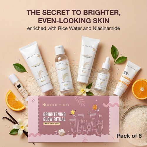 Good Vibes Brightening Glow Ritual Kit | Rice Water, 10% Niacinamide & Vitamin C | Complete Daily Skincare Gift Set | Face Cleanser, Toner, Gel Creme, Face Serum, SPF 50 Sunscreen & Lip Balm | Pack of 6