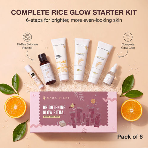 Good Vibes Brightening Glow Ritual Kit For Korean Glass Skin | Rice Water, 10% Niacinamide & Vitamin C | | Face Cleanser (30 ml), Toner(30 ml), Gel Creme(25 gm), Face Serum(5 ml), SPF 50 Sunscreen(30 gm) & Lip Balm(4 gm) | Pack of 6