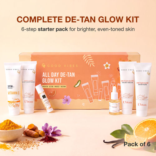 Good Vibes All Day De-Tan Glow Kit | Ubtan for Instant Glow & De-Tan Care kit | for Bright, Even & Tan-Free Skin | SPF 50 Sun Protection | Complete Daily Ubtan Ritual| All Skin Types Pack of 6