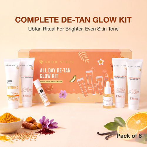 Good Vibes All Day De-Tan Glow Kit | Ubtan for Instant Glow & De-Tan Care kit | for Bright, Even & Tan-Free Skin | SPF 50 Sun Protection | Complete Daily Ubtan Ritual| All Skin Types Pack of 6