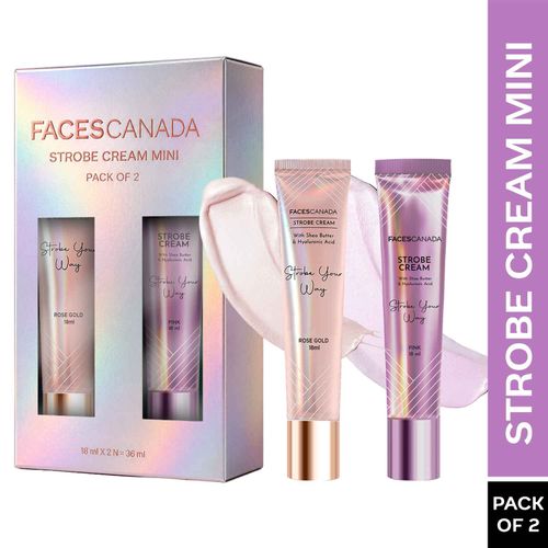 FACES CANADA Strobe Cream Mini - Rose Gold + Pink (18 ml x 2) | Primer + Highlighter + Moisturizer | Shea Butter & Hyaluronic Acid | Intense Hydration | Flawless Radiant Dewy Skin | Illuminating & Glowing Makeup Base | Pack of 2