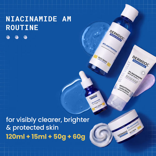 DERMDOC Niacinamide CSMS Routine Combo | Niacinamide Face Wash 120 ml | Niacinamide Serum 15 ml |Niacinamide Day Cream 50 gm | Ultra Violet Brightening Sunscreen SPF 50 PA+++ 60 gm | (Pack of 4)