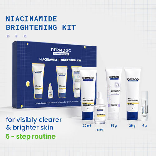 DERMDOC Niacinamide Brightening Kit | 5-Step Routine for Clearer & Brighter Skin | Face Wash, Serum, Day Cream, Sunscreen & Lip Balm | Helps Reduce Dark Spots & Improve Uneven Skin Tone | Pack of 5