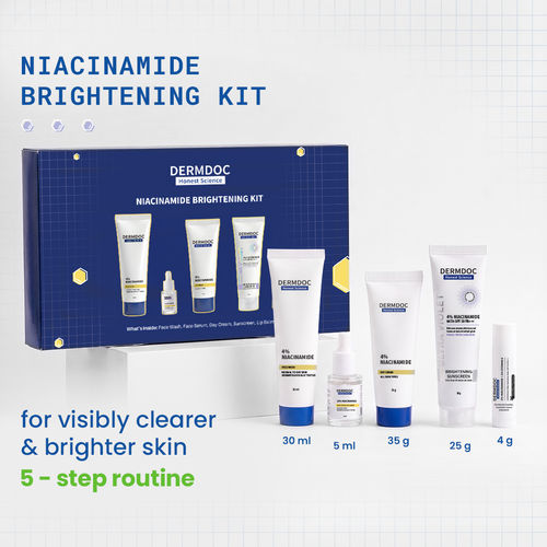 DERMDOC Niacinamide Brightening Kit | 5-Step Routine for Clearer & Brighter Skin | Face Wash, Serum, Day Cream, Sunscreen & Lip Balm | Helps Reduce Dark Spots & Improve Uneven Skin Tone | Pack of 5