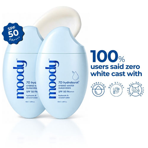 Moody 7D Hydroburst Hyaluronic SPF 50 PA++++ Water Sunscreen UVA/B Protection, Non-Oily & No White Cast - 50 ml (Pack of 2)