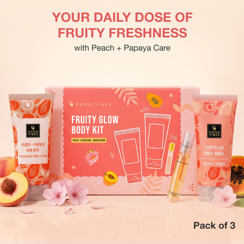 Good Vibes Fruity Glow Body Kit | AHA BHA, Peach & Papaya | 3-Step Daily Glow Ritual | Body Wash, Body Lotion & Perfume | Pack of 3