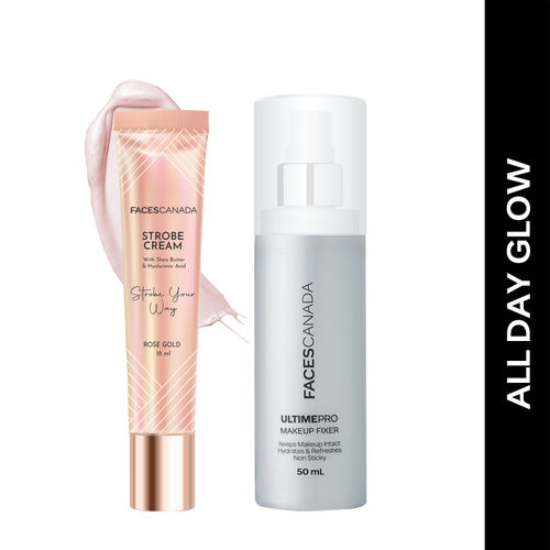 FACES CANADA All Day Glow Combo - Strobe Cream - Rose Gold (18 ml) + Ultime Pro Makeup Fixer (50 ml) | Illuminating & Glowing Makeup Base | Long Lasting Makeup Setting Spray
