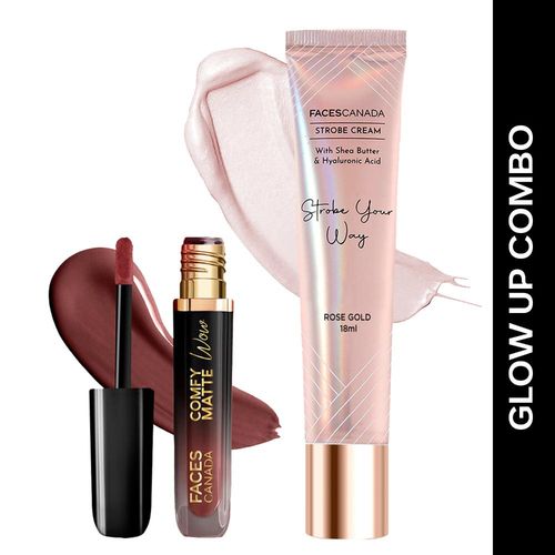 FACES CANADA Glow Up Combo Strobe Cream - Rose Gold 18 ml + Comfy Matte Wow Liquid Lipstick - Choco Couture 01 3.8 ml Combo of 2
