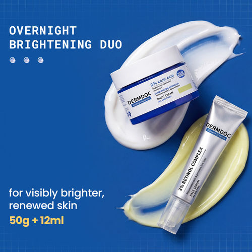 DERMDOC Overnight Brightening Duo | Kojic Acid Night Cream | Retinol Serum | (Pack of 2)