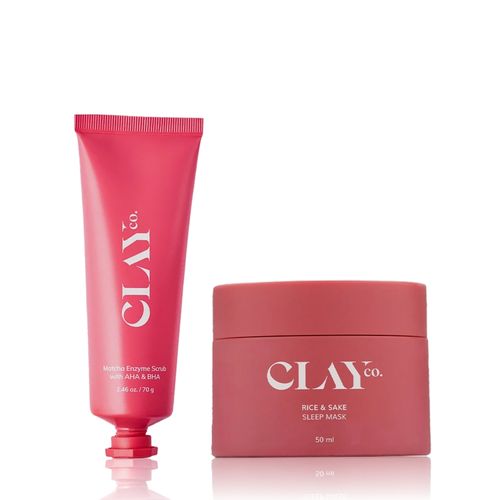 Clayco Exfoliate & Hydrate Duo | Matcha Enzyme Scrub with AHA & BHA + Rice & Sake Mask with Vitamin C for Clear, Soft & Nourished Skin | For Men & Women | 70 gm + 50 ml - Combo of 2