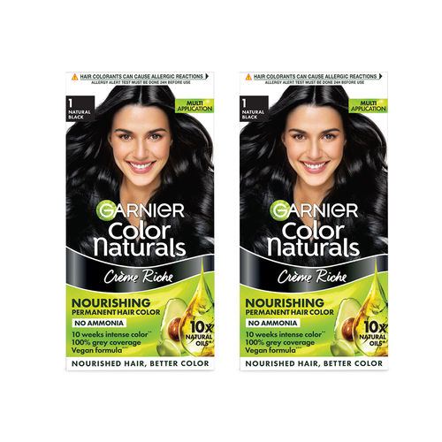 Garnier Color Naturals Nourishing Permanent Hair Color - Natural Black 1 (70 ml + 60 gm) - Pack of 2