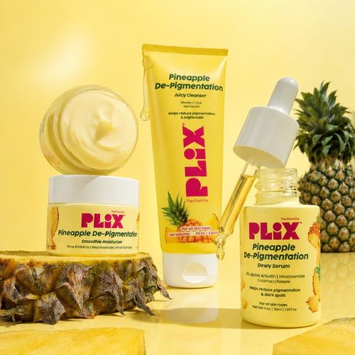 PLIX Pineapple Depigmentation Combo | Juicy Cleanser (90 ml), 2% Alpha Arbutin Serum (28 ml) & Smoothie&nbsp;Moisturizer (48 gm) | Helps Fade Dark Spots & Pigmentation | For Brighter, Even-Toned Skin (Combo of 3)