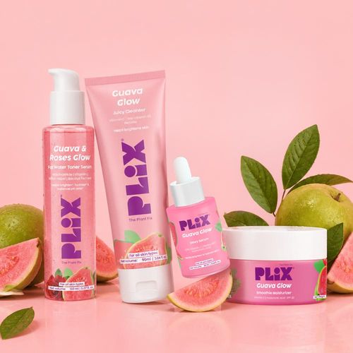 PLIX Guava & Roses Regime for Bright Skin & Glowing Skin | Hydrating Cleanser (90 ml)| 2-in-1 Toner Serum (150 ml)| 10% Vit C Serum (20 ml) | Smoothie Moisturizer (48 gm)| For Men & Women | Glowing Skin in 1 Use (Combo of 4)