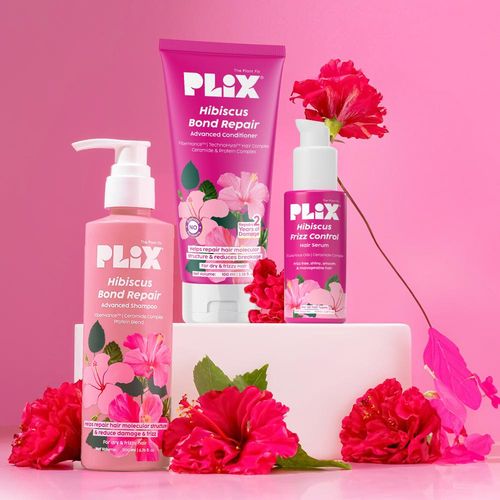 PLIX Hibiscus Frizz Control Hair Care Kit | Shampoo (200 ml)+ Conditioner (100 ml) + Frizz Control Hair Serum (50 ml)| FiberHance, Ceramide Complex & Hibiscus | Smooth, Shiny & Manageable Hair(Combo of 3)