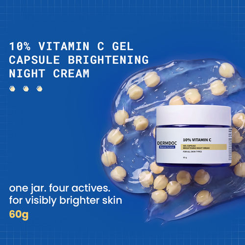 DERMDOC 10% Vitamin C Gel Capsule Brightening Night Cream | Gel-Cream Moisturizer | Overnight Glow, Deep Hydration & Barrier Repair | Ceramides, Hyaluronic Acid & Centella | For Dull & Uneven Skin | All Skin Types | 60 gm