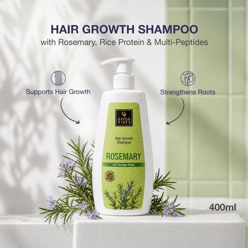 Good Vibes Rosemary, Rice Protein & Multi Peptide Hair Growth Shampoo | Powered With Rosemary Extract & Multi Peptides | Strengthens Roots & Reduces Hair Fall | Supports Healthy Hair Growth | Non-Drying Formula | Suitable for All Hair Types | 400 ml