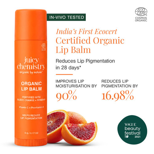 Juicy Chemistry Organic Lip Balm with Blood Orange & Rosehip, 5 gm | Deeply Moisturising & Brightening Lip Care | Reduces Lip Pigmentation | Dermatologically Tested | 100% Natural | Certified Organic & Cruelty-Free