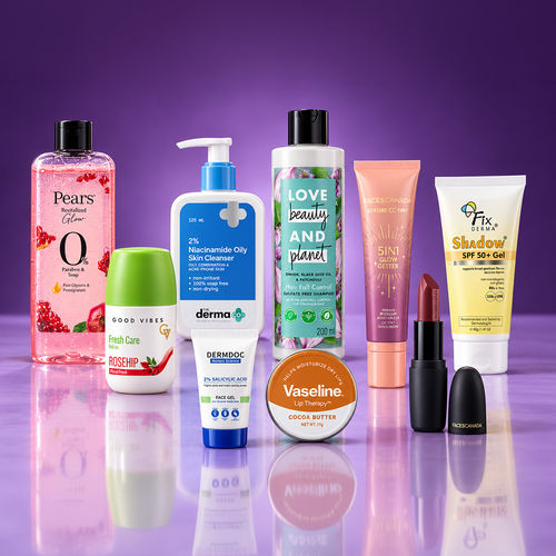 MultiBrand The Glow & Glam Edit (Pears Body Wash + Good Vibes Roll-On + Derma Co. Cleanser + DermDoc Acne Gel + Vaseline Lip Balm + Faces Canada Lipstick + Love Beauty Planet Shampoo + Faces Canada CC Tint + Fixderma Sunscreen) Combo of 9