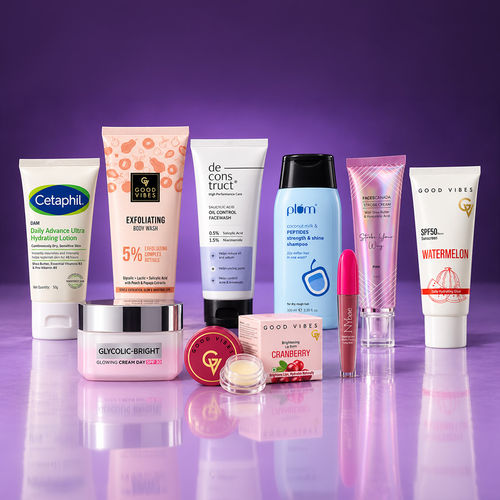 MultiBrand The Everyday Glow Kit (Cetaphil Lotion + Good Vibes Body Wash + Deconstruct Face Wash + L'Oreal Paris Day Cream + Good Vibes Lip Balm + NY Bae Lipstick + Plum Shampoo + Faces Canada Strobe Cream + Good Vibes Sunscreen) Combo of 9
