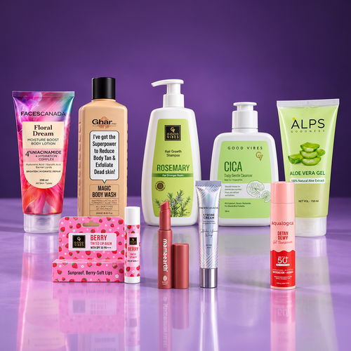 MultiBrand The Fresh Face Kit (Faces Canada Lotion + Ghar Soaps Body Wash + Good Vibes Cleanser + Alps Goodness Aloe Gel + Good Vibes Lip Balm + Mamaearth Lipstick + Good Vibes Shampoo + Faces Canada Strobe Cream + Aqualogica Sunscreen) Combo of 9