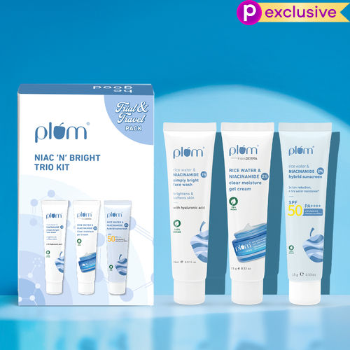 Plum Niac ‘N’ Bright Trio Kit | with Niacinamide Face Wash (15 ml), Niacinamide Gel Cream (15 gm) & Niacinamide Sunscreen (15 gm) Combo of 3