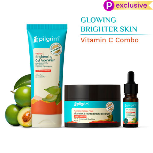 Pilgrim Vitamin C Brightening CSM Skincare Kit | Bright, Glowing & Even-Toned Skin | Triple Glow+++ Combo | Face Wash (100 ml), 10% Vitamin C Serum (10 ml), Brightening Moisturizer (50 gm) Combo of 3