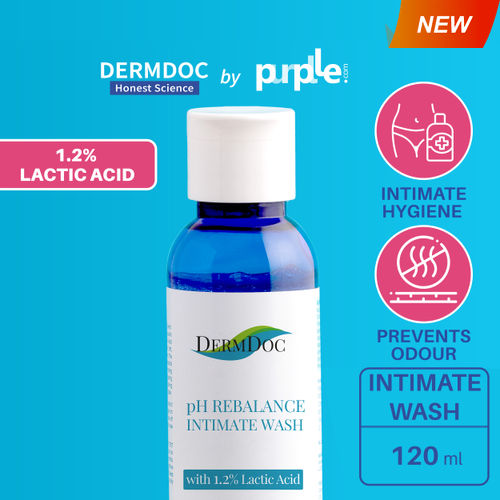 DERMDOC by Purplle pH Rebalance Intimate Wash with 1.2% Lactic Acid (120ml) | intimate hygiene expert | feminine wash for odor, ph balance | chemical free